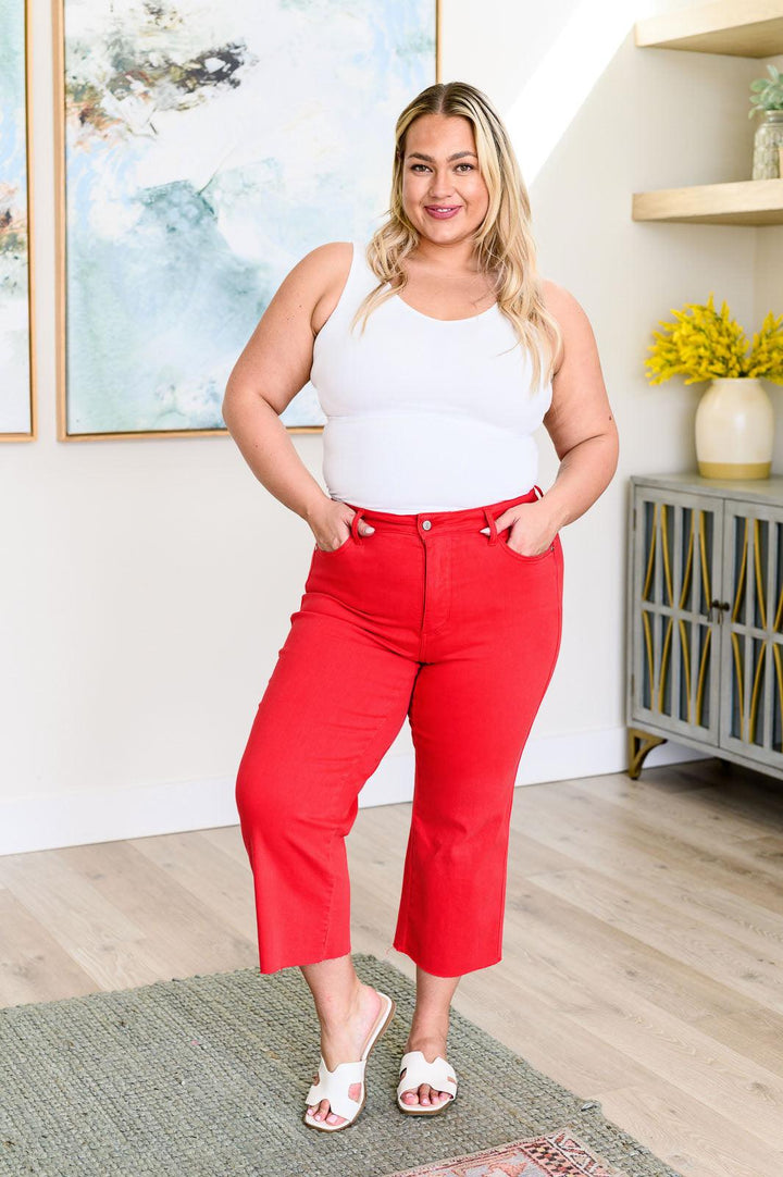 Lisa High Rise Control Top Wide Leg Crop Jeans in Red - TheDesignChambersBoutique