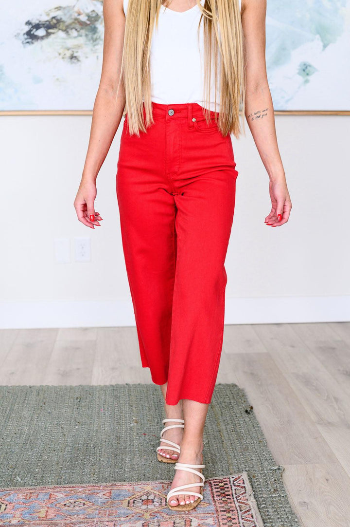 Lisa High Rise Control Top Wide Leg Crop Jeans in Red - TheDesignChambersBoutique