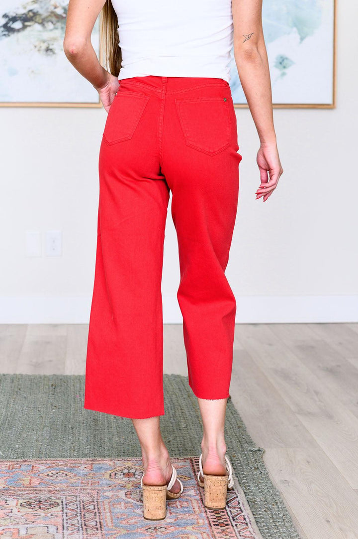 Lisa High Rise Control Top Wide Leg Crop Jeans in Red - TheDesignChambersBoutique