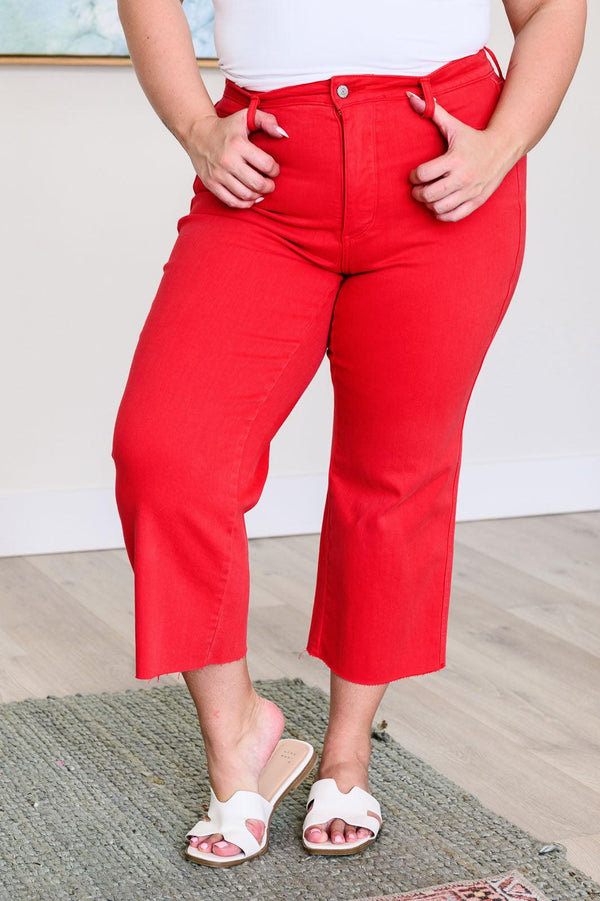 Lisa High Rise Control Top Wide Leg Crop Jeans in Red - TheDesignChambersBoutique