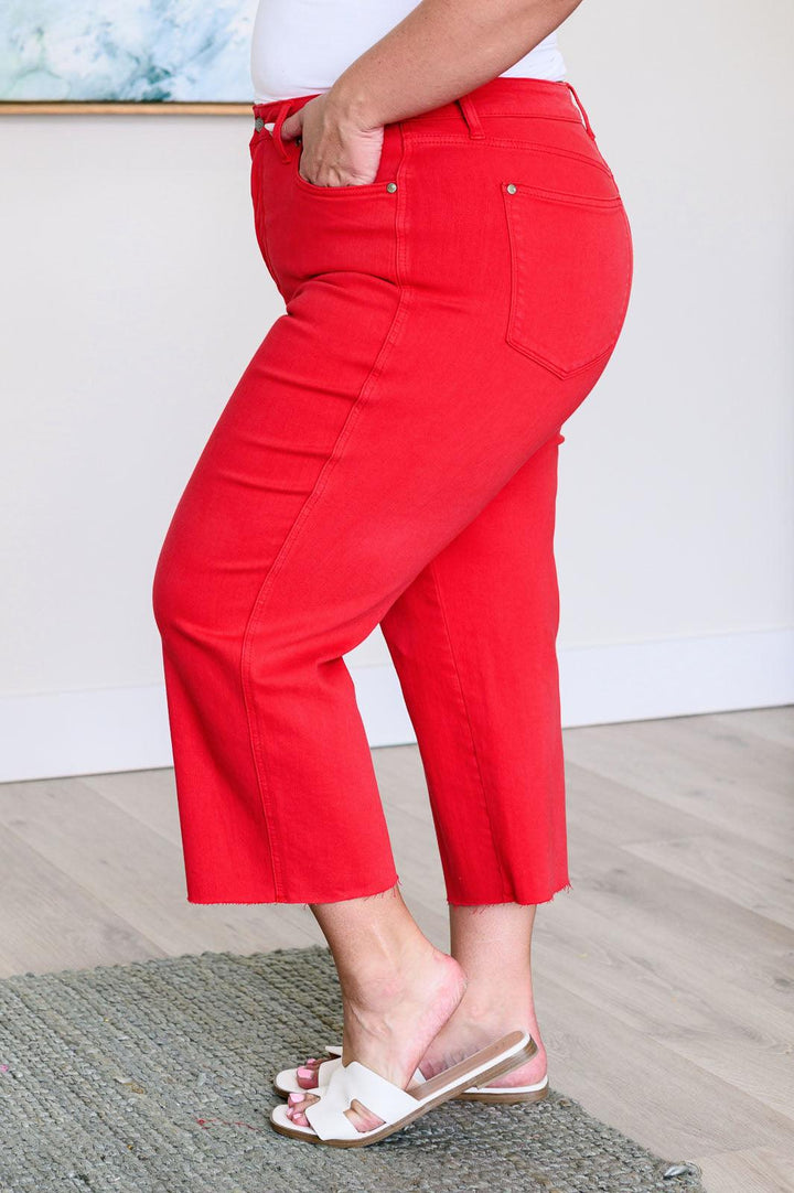 Lisa High Rise Control Top Wide Leg Crop Jeans in Red - TheDesignChambersBoutique