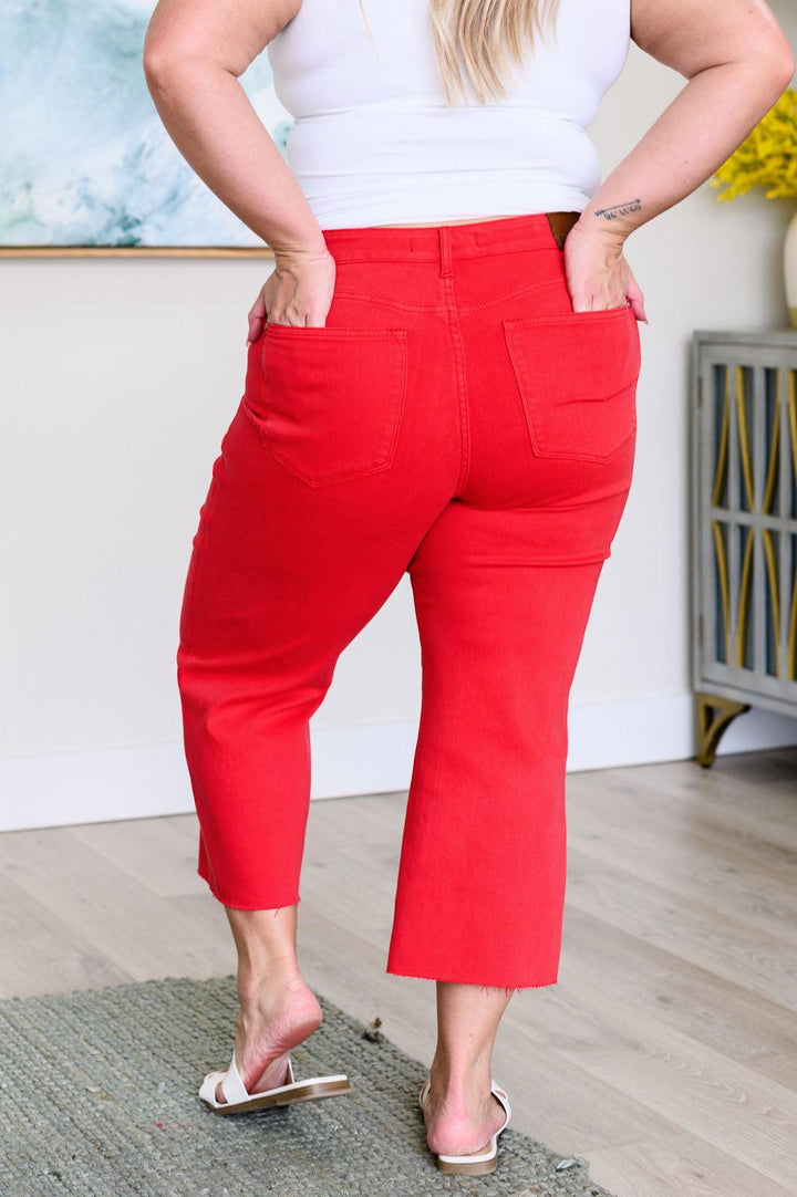 Lisa High Rise Control Top Wide Leg Crop Jeans in Red - TheDesignChambersBoutique