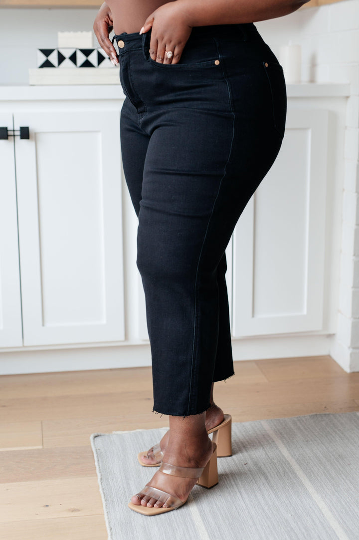 Lizzy High Rise Control Top Wide Leg Crop Jeans in Black - TheDesignChambersBoutique