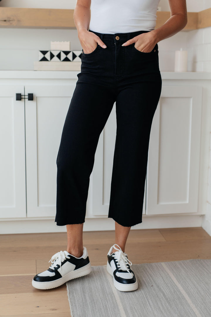 Lizzy High Rise Control Top Wide Leg Crop Jeans in Black - TheDesignChambersBoutique