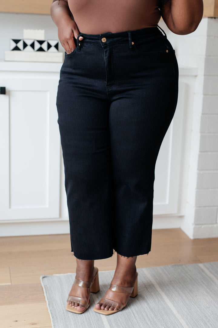 Lizzy High Rise Control Top Wide Leg Crop Jeans in Black - TheDesignChambersBoutique