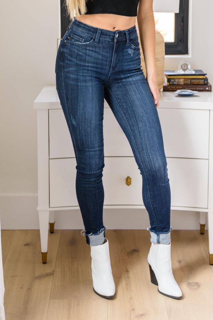 Maeve Mid-Rise Dark Wash Cuffed Skinny Jeans - TheDesignChambersBoutique