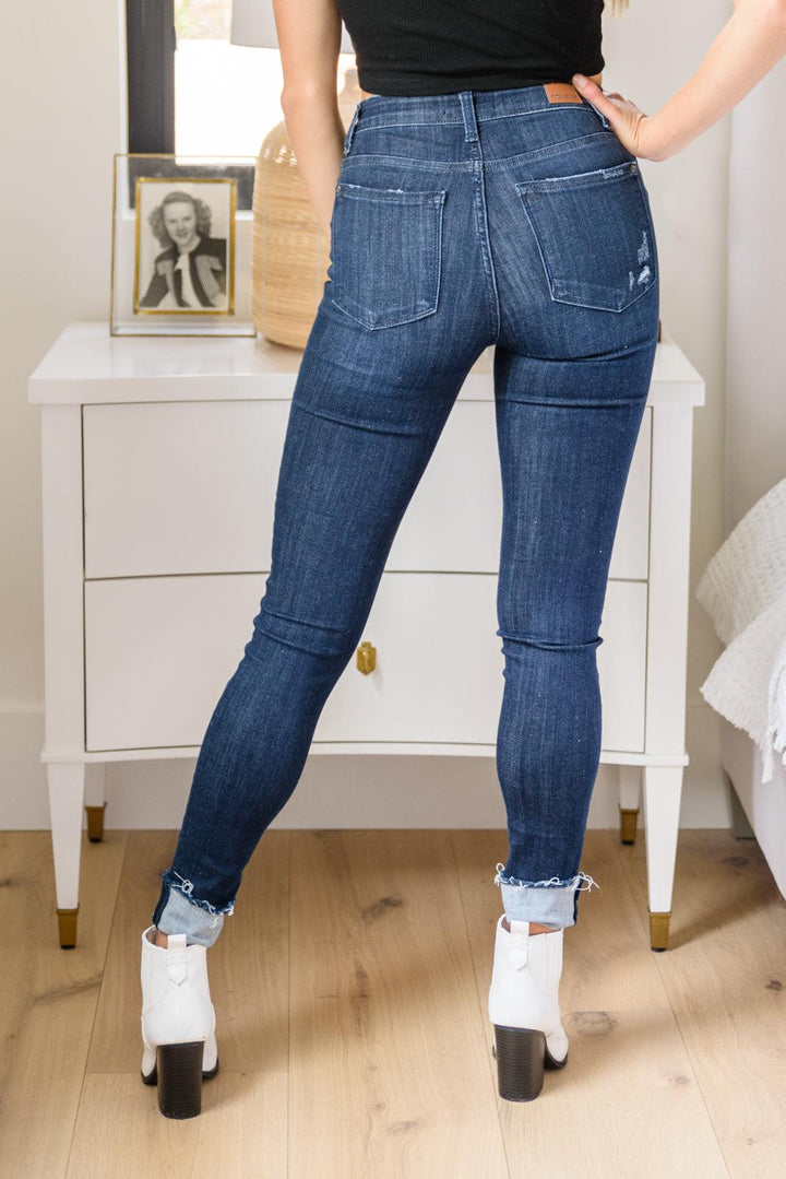 Maeve Mid-Rise Dark Wash Cuffed Skinny Jeans - TheDesignChambersBoutique