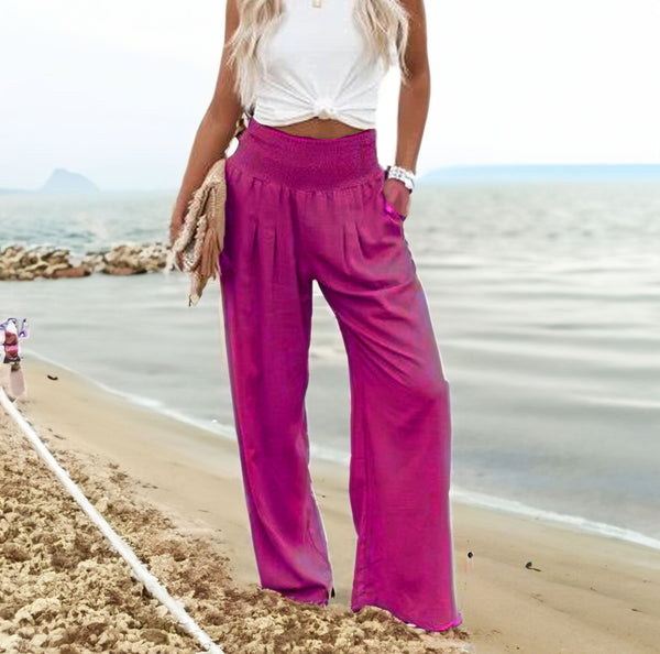 Magenta Linen Texture Smocked and Pleated Beach Pants