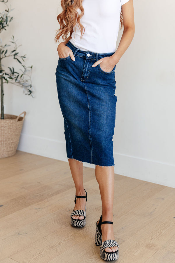 Marcy High Rise Denim Midi Jean Skirt - TheDesignChambersBoutique