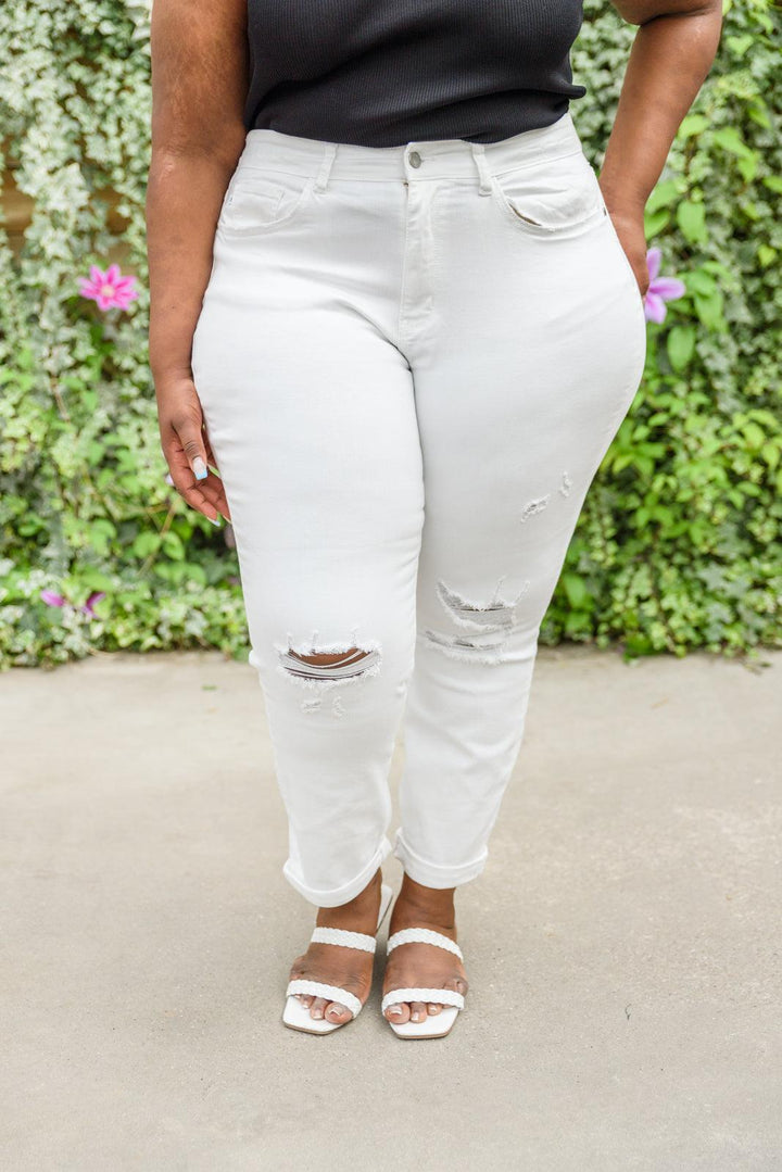 Mid-Rise Boyfriend Destroyed White Jeans - TheDesignChambersBoutique