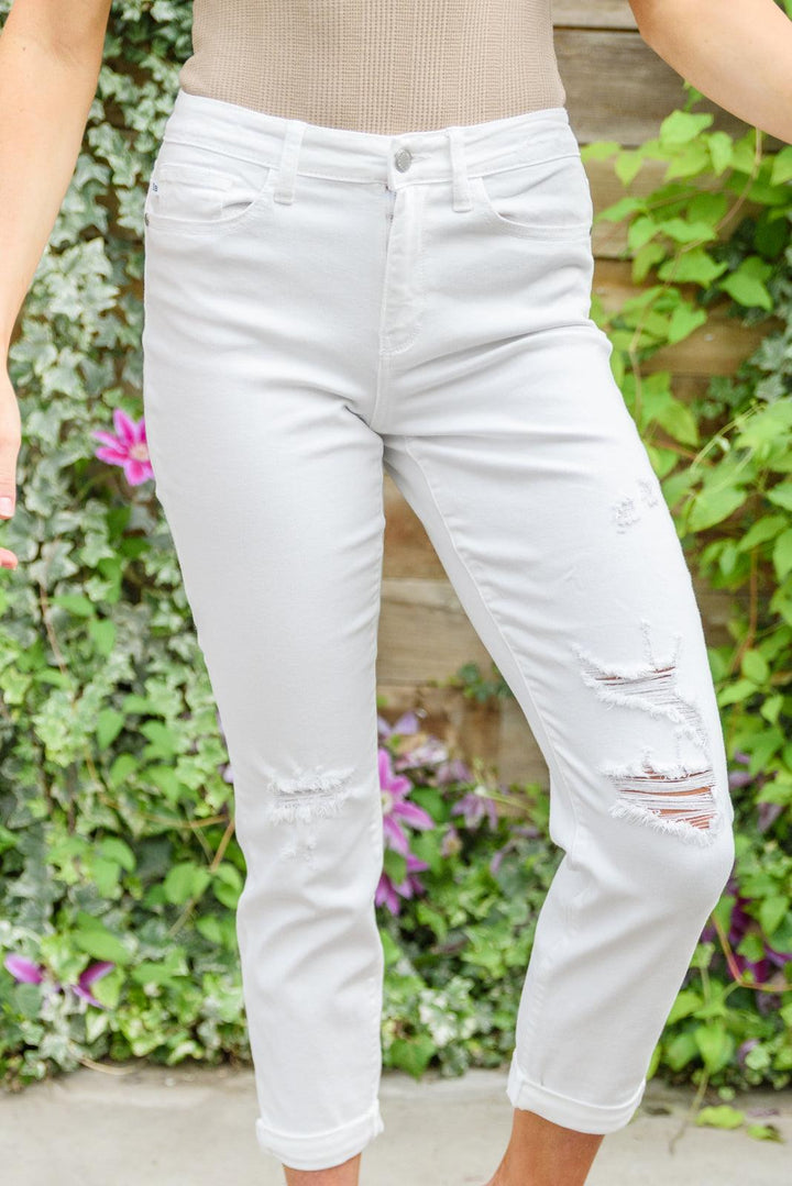 Mid-Rise Boyfriend Destroyed White Jeans - TheDesignChambersBoutique