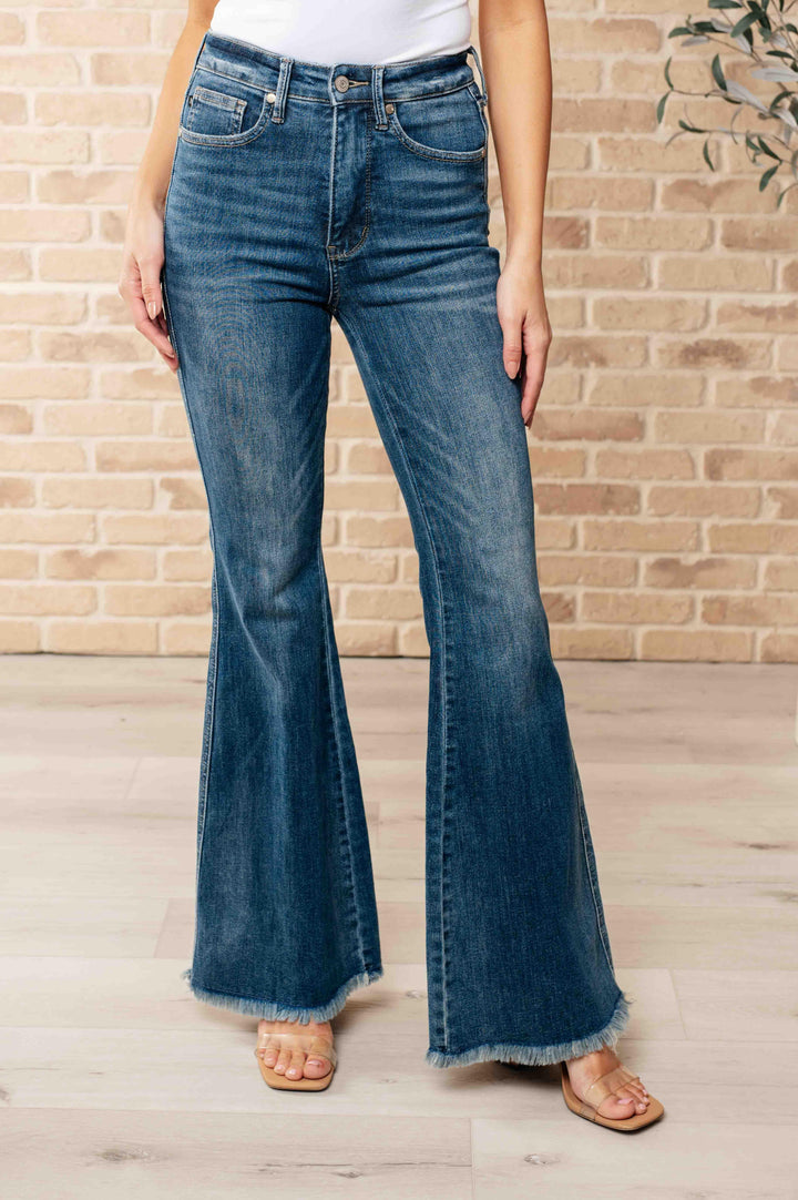 Miley High Waist Control Top Frayed Hem Flare Jeans - TheDesignChambersBoutique