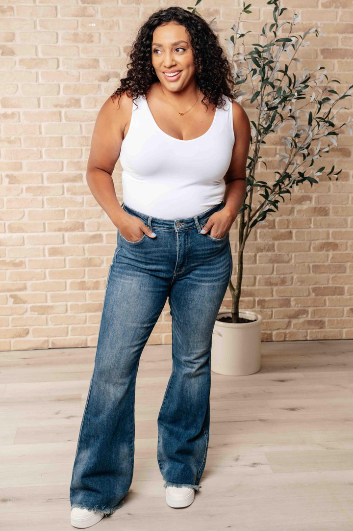 Miley High Waist Control Top Frayed Hem Flare Jeans - TheDesignChambersBoutique