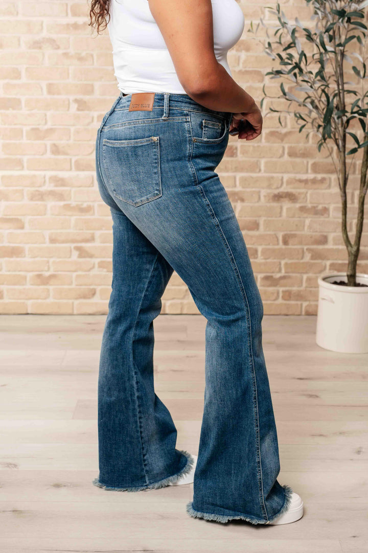 Miley High Waist Control Top Frayed Hem Flare Jeans - TheDesignChambersBoutique