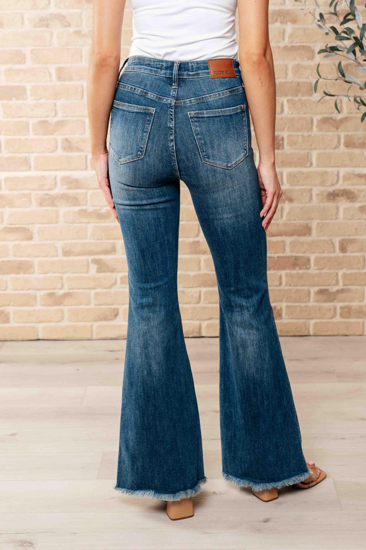 Miley High Waist Control Top Frayed Hem Flare Jeans - TheDesignChambersBoutique