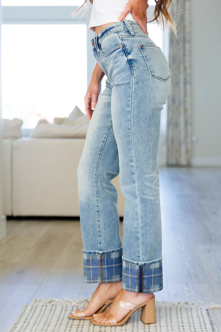 Miranda High Rise Plaid Cuff Vintage Straight Jeans - TheDesignChambersBoutique