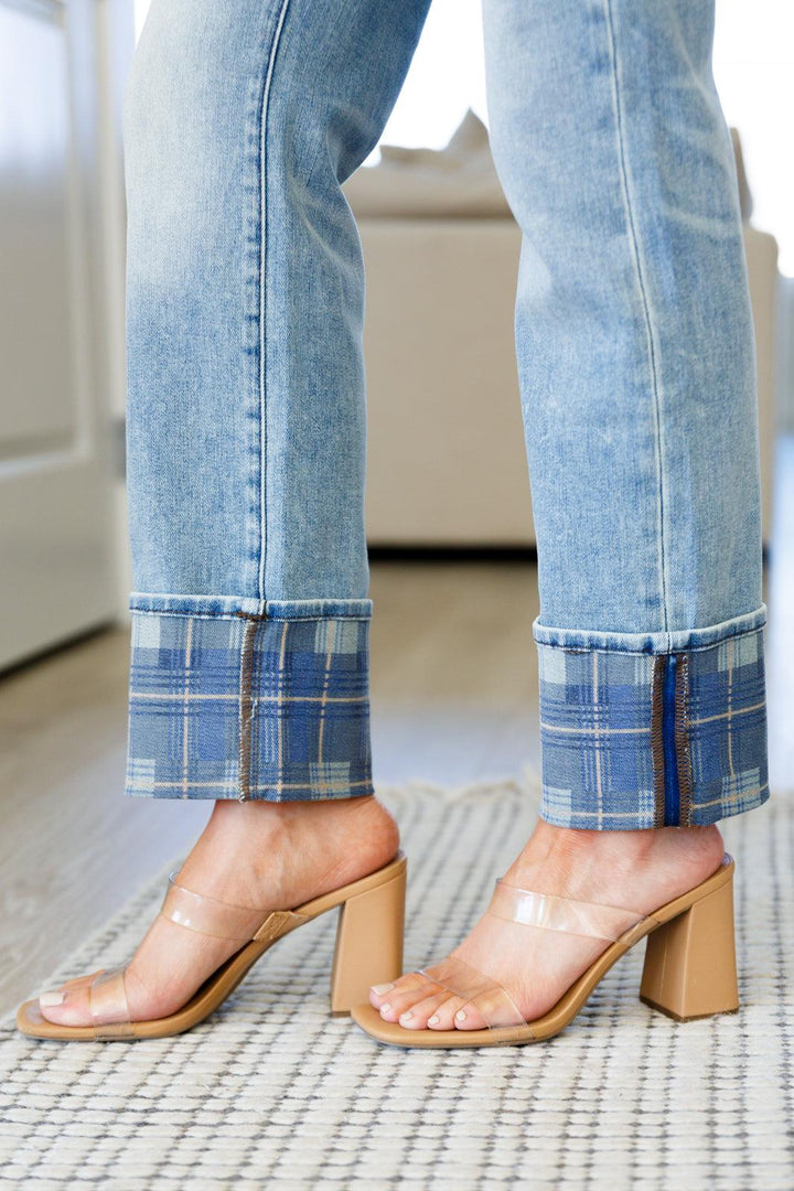 Miranda High Rise Plaid Cuff Vintage Straight Jeans - TheDesignChambersBoutique