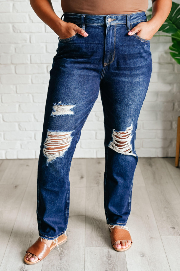 Montana High Rise Rigid Magic Distressed Straight Jeans - TheDesignChambersBoutique