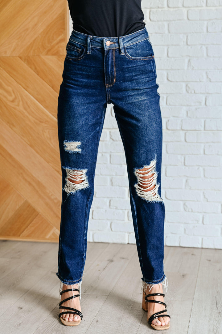 Montana High Rise Rigid Magic Distressed Straight Jeans - TheDesignChambersBoutique