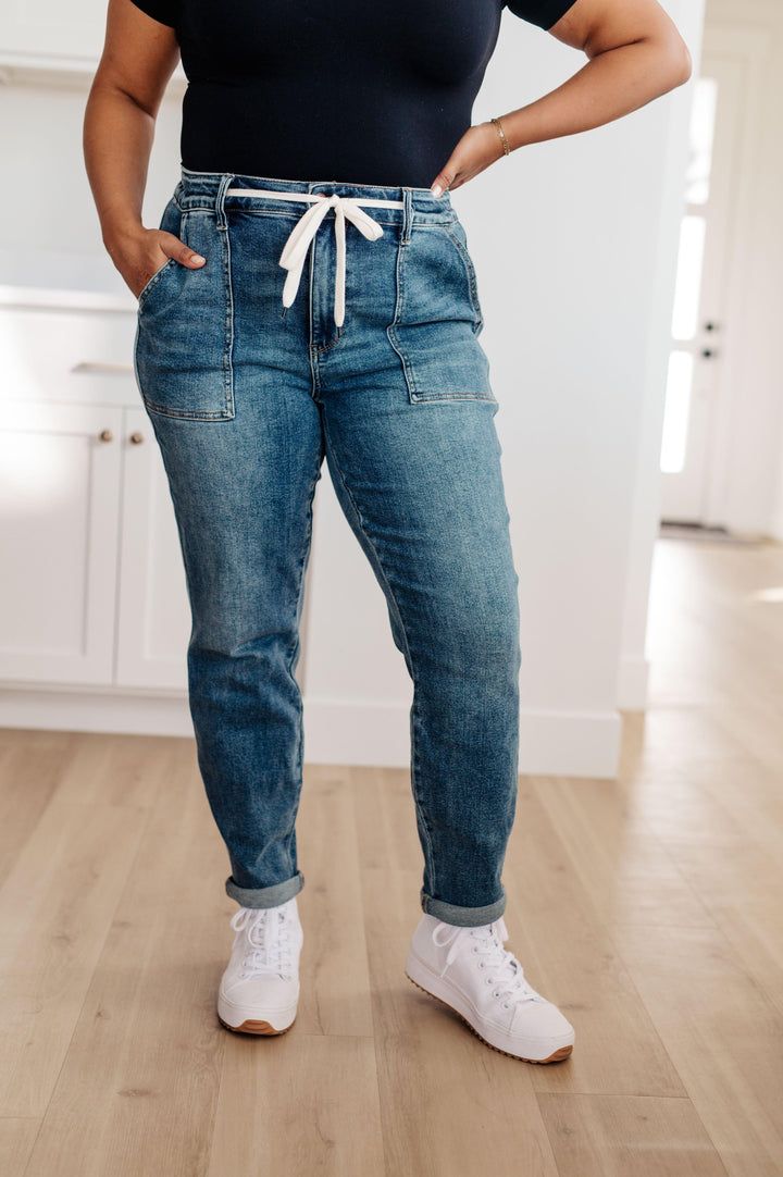 Payton Pull On Denim Joggers in Medium Wash - TheDesignChambersBoutique