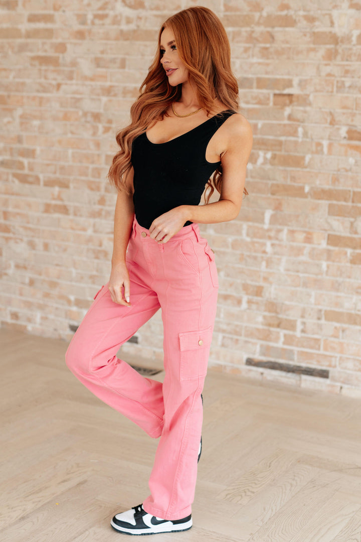 Peggy High Rise Cargo Straight Jeans in Pink - TheDesignChambersBoutique