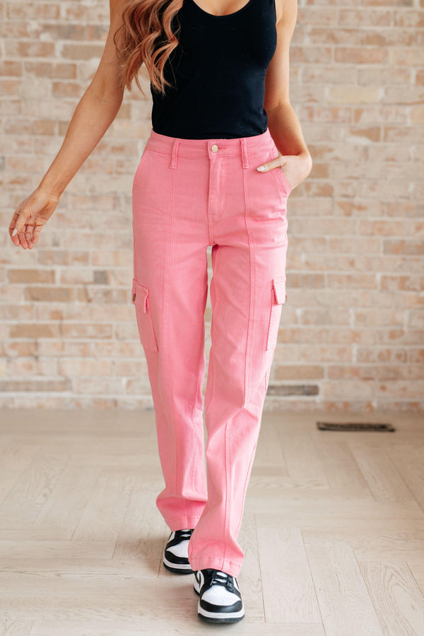 Peggy High Rise Cargo Straight Jeans in Pink - TheDesignChambersBoutique