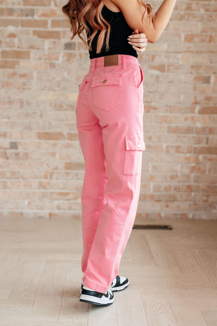 Peggy High Rise Cargo Straight Jeans in Pink - TheDesignChambersBoutique