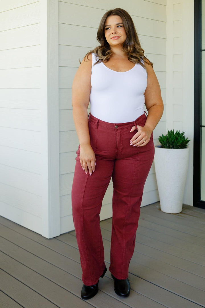 Phoebe High Rise Front Seam Straight Jeans in Burgundy - TheDesignChambersBoutique