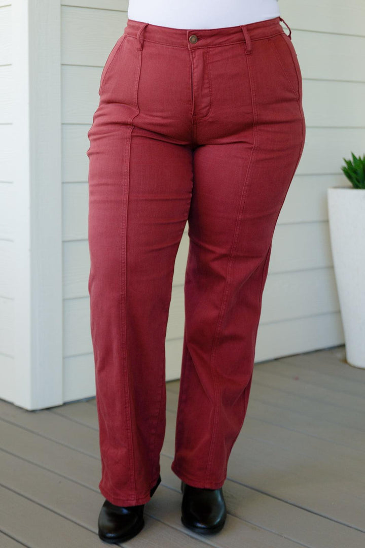 Phoebe High Rise Front Seam Straight Jeans in Burgundy - TheDesignChambersBoutique