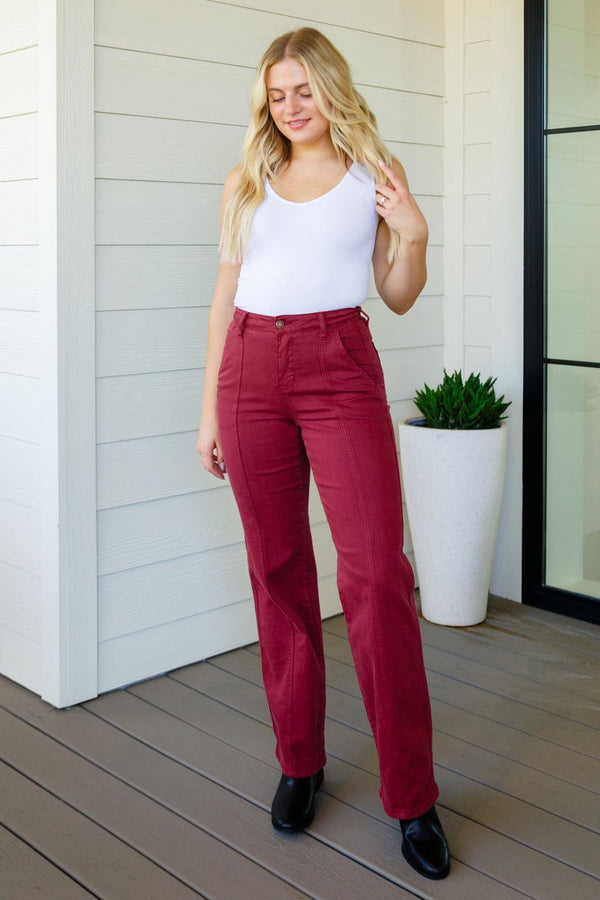 Phoebe High Rise Front Seam Straight Jeans in Burgundy - TheDesignChambersBoutique