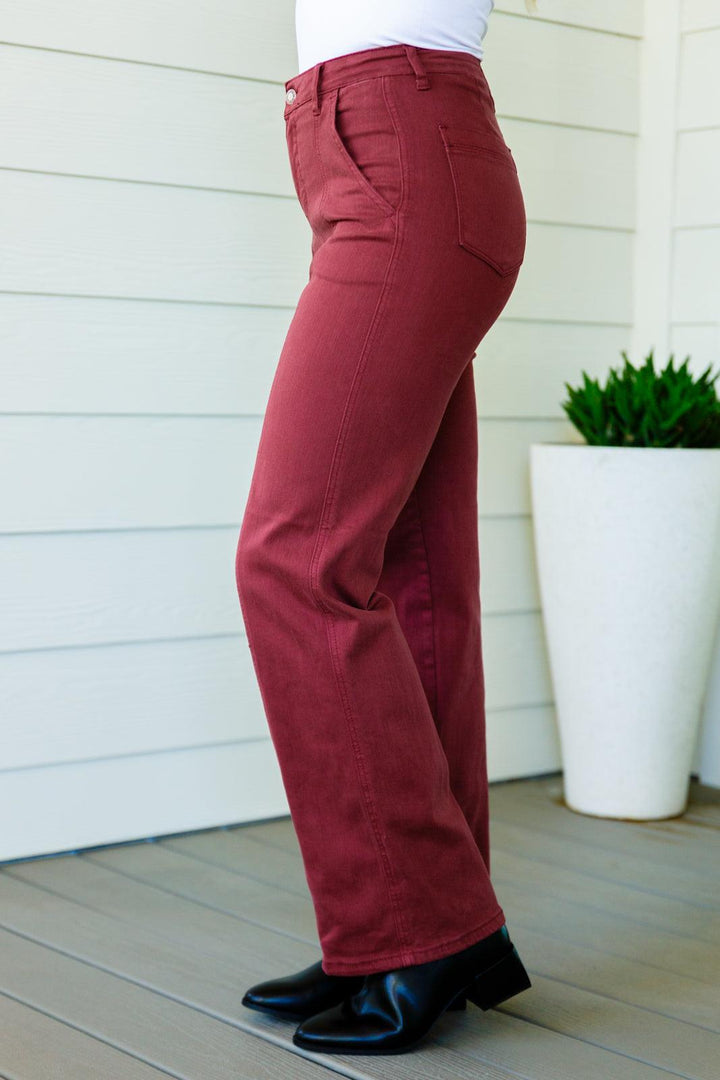 Phoebe High Rise Front Seam Straight Jeans in Burgundy - TheDesignChambersBoutique