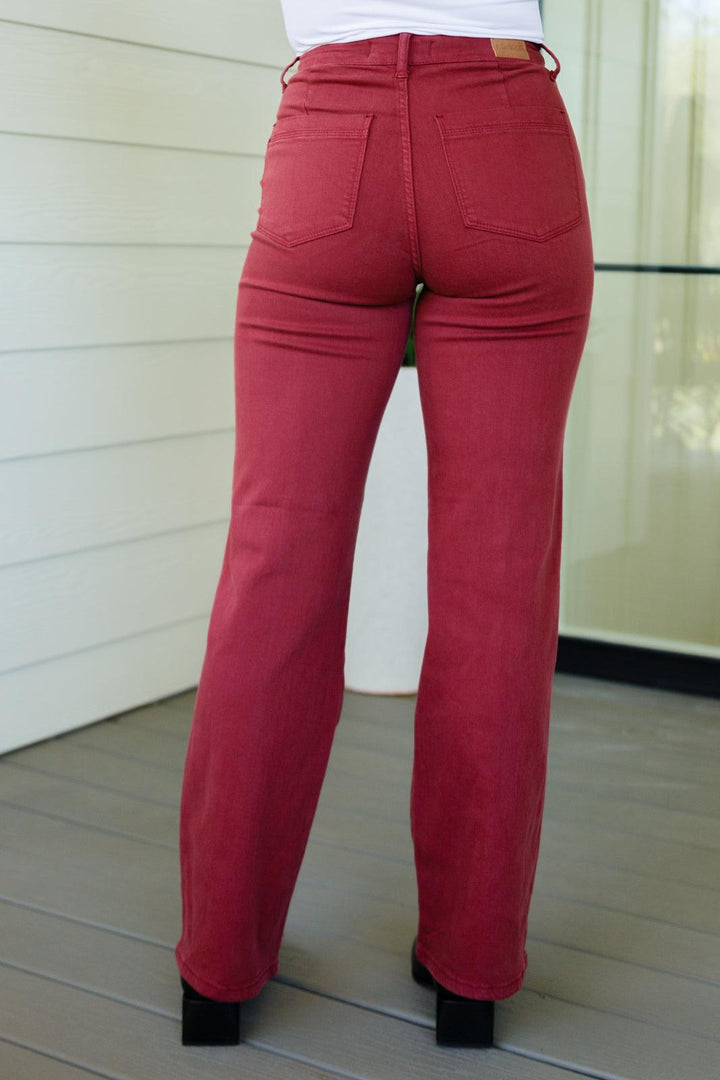 Phoebe High Rise Front Seam Straight Jeans in Burgundy - TheDesignChambersBoutique