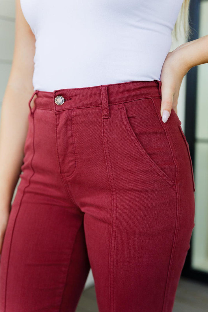 Phoebe High Rise Front Seam Straight Jeans in Burgundy - TheDesignChambersBoutique