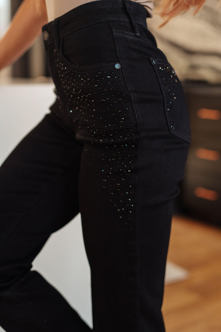 Reese Rhinestone Slim Fit Jeans in Black - TheDesignChambersBoutique