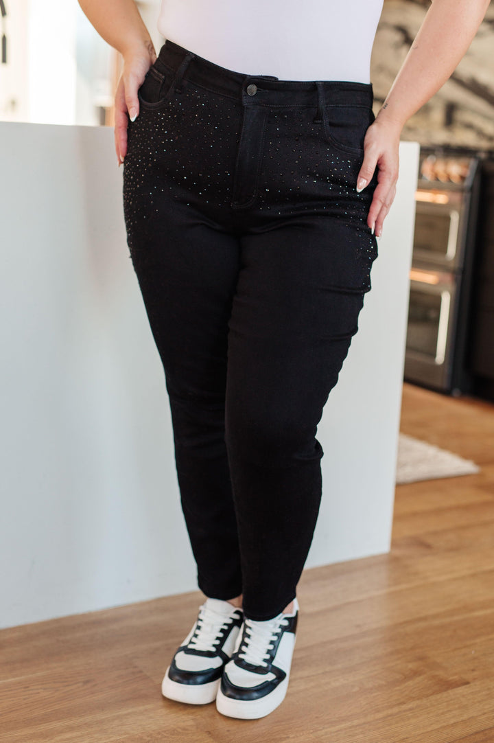 Reese Rhinestone Slim Fit Jeans in Black - TheDesignChambersBoutique