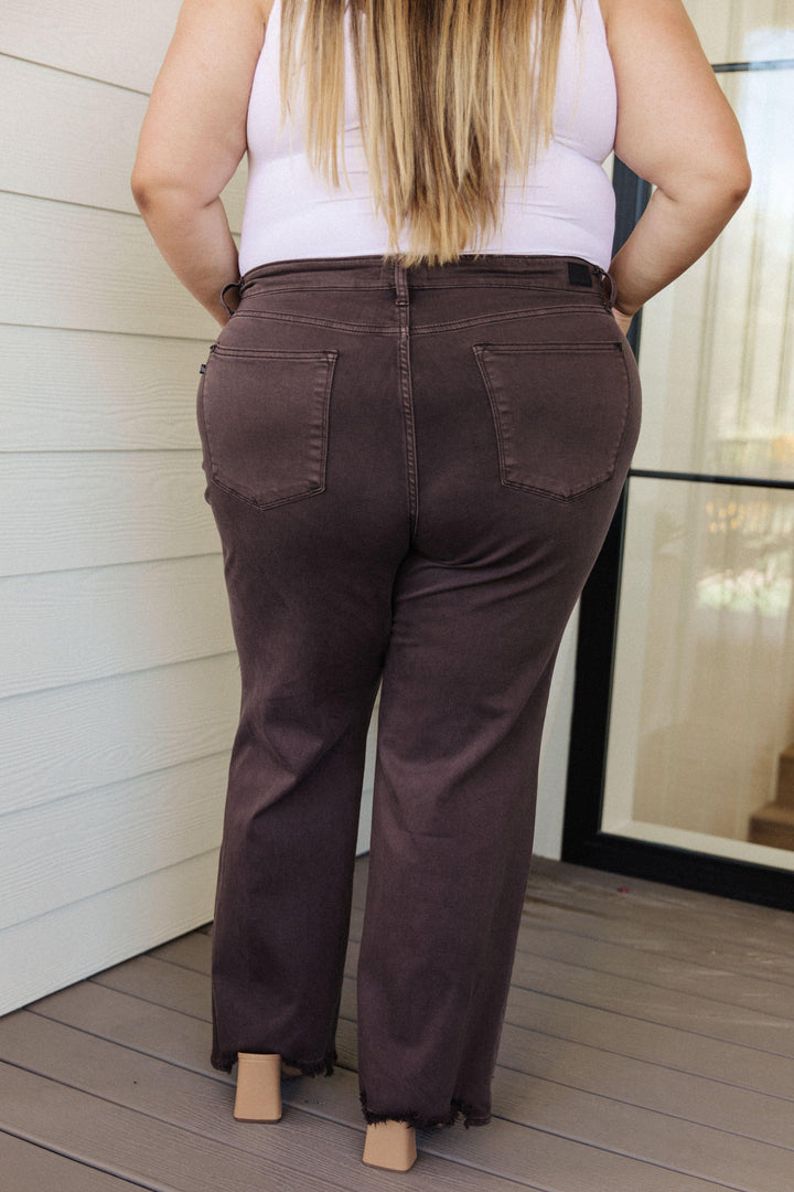 Sybil High Rise Frayed Hem 90's Straight Jeans in Brown - TheDesignChambersBoutique