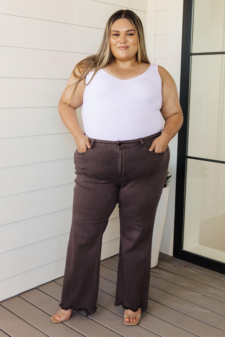 Sybil High Rise Frayed Hem 90's Straight Jeans in Brown - TheDesignChambersBoutique