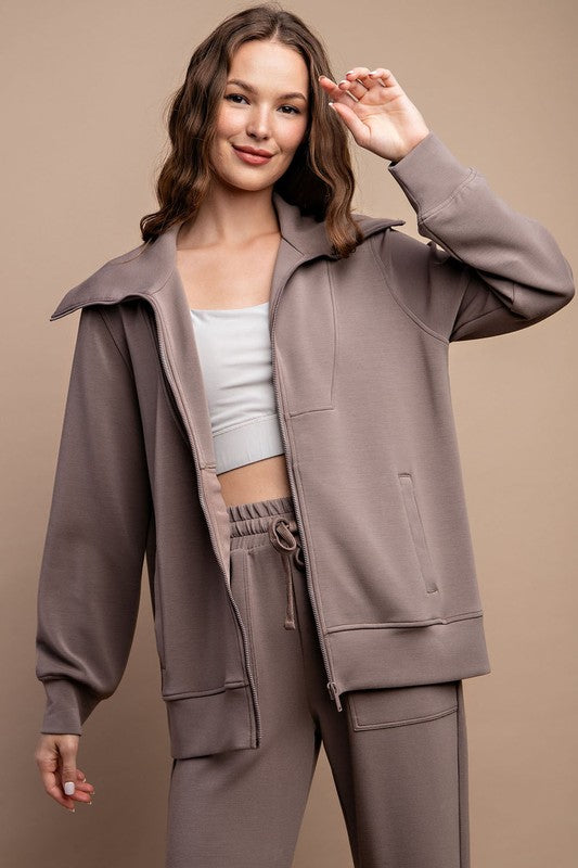 Modal Poly Full Zip Jacket in Mocha