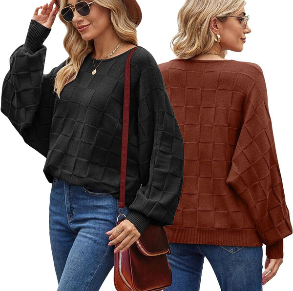 Checkerboard Jacquard Dolman Sweater BLACK OR RICH BROWN