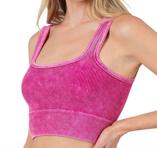 L-3X Magenta Distressed Ribbed Bra/Crop Top