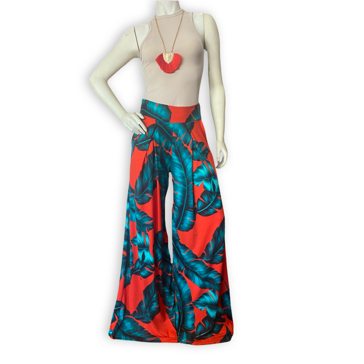 tropical print red pleated palazzo pants