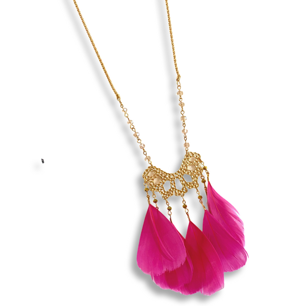 GypsyBird Magenta Feathered Long Gold Necklace