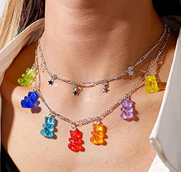 Rainbow Gummy Bear + Stars Necklace - Silver