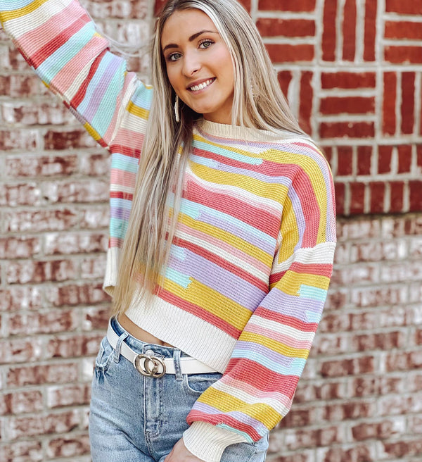 Boxy Pastel Stripe Balloon Sleeve Sweater