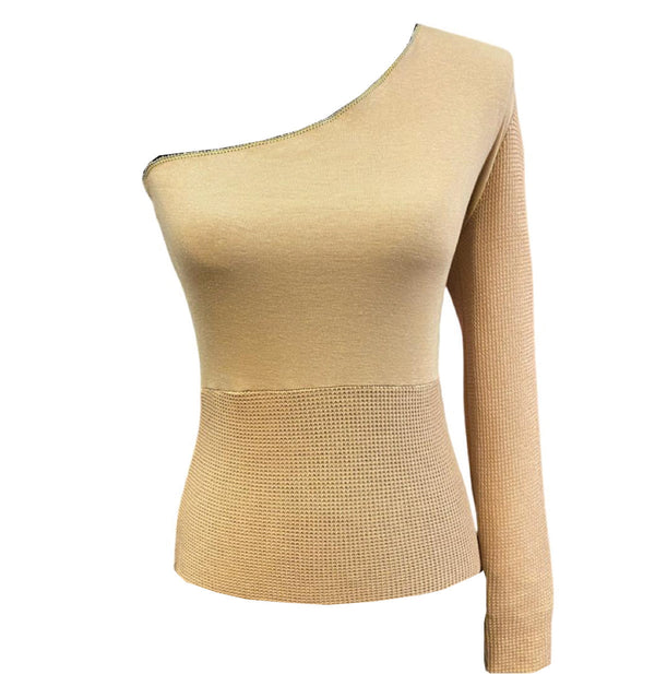 Desert Warrior Long Sleeve One Shoulder Waffle Knit Top - Camel