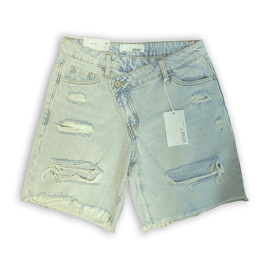 Vervet Denim Asymmetrical Waistband Shorts, Light Denim, Mica Boyfrien