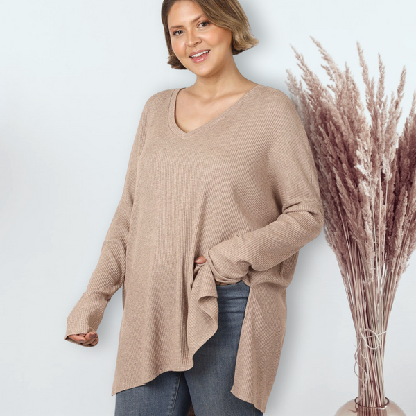 Plus Size Lightweight Ribbed V Sweater Mocha